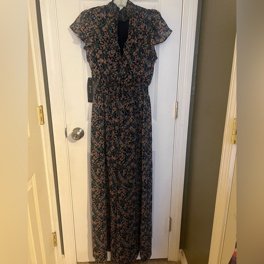 MSK Womens Jumpsuit small Floral Wide Leg Smocked Waist Side Slit jumper new